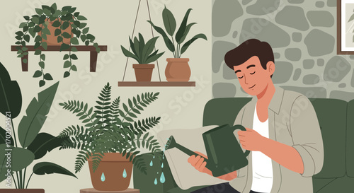 Relaxing home gardening: A man waters his plants indoors surrounded by greenery and houseplants