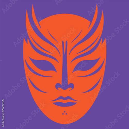 Abstract orange tribal mask design with sharp curved lines on a solid purple background for artistic decoration