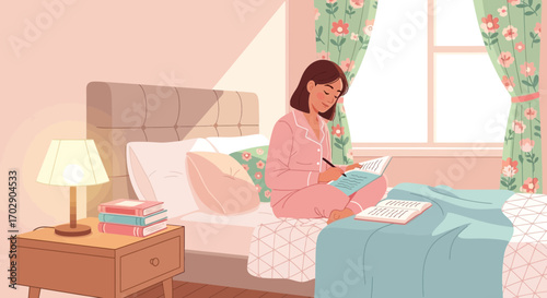 Serene Morning Routine: Woman in Pajamas Journaling on Bed by Window with Floral Curtains