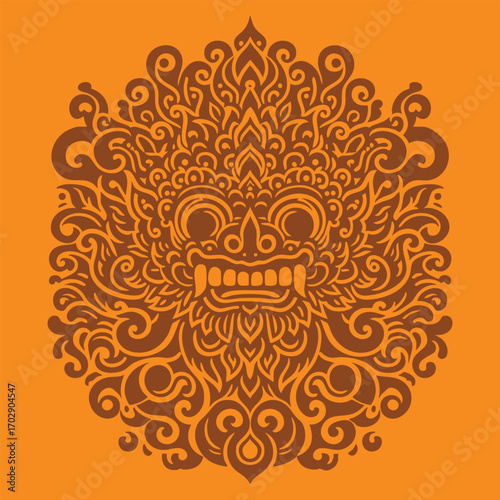 Intricate symmetrical tribal barong bali mask design with swirling patterns and fierce facial features in brown on orange background