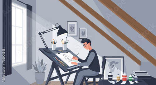 Artist immersed in drawing at his attic studio workspace with creative tools