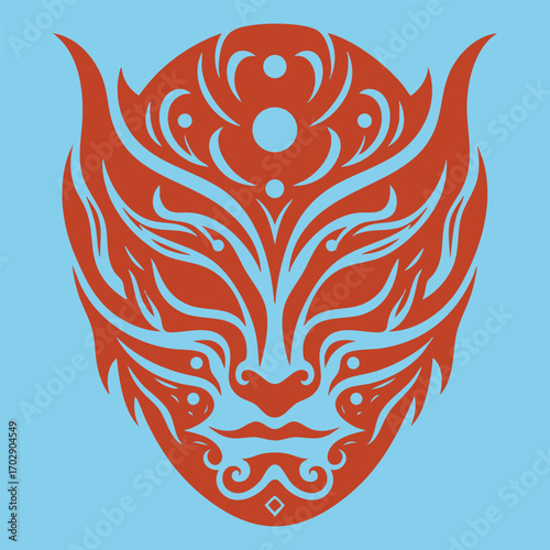 Intricate symmetrical tribal mask design with bold red patterns on a solid light blue background artwork
