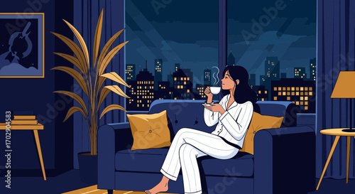 Elegant evening serenity: Woman enjoying tea with a stunning city skyline view