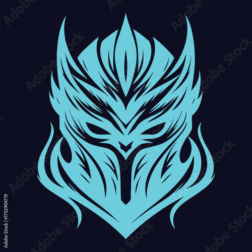 Intricate blue tribal mask design with sharp symmetrical patterns and fierce stylized facial features on dark background