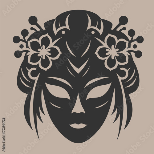 Stylized black ornamental female face mask with floral decorations and intricate symmetrical design elements