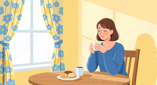 Young woman enjoying coffee and donuts in a cozy and bright room with sunlight