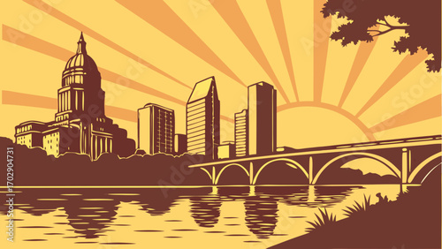 Austin skyline vector art with sun reflection and bridge, suitable for citythemed designs, texas travel brochures, and urban posters.