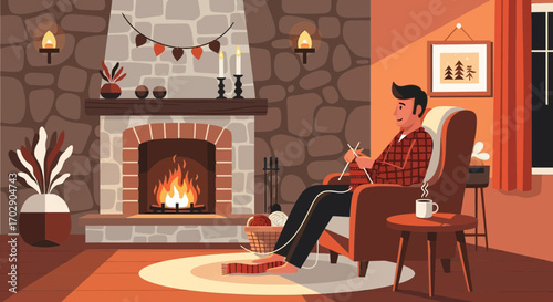 Cozy evening: man knitting by the fireplace, surrounded by warmth and comfort in a cozy room
