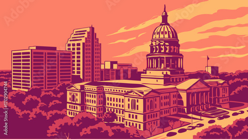Austin skyline vector with the texas state capitol and cloudy skies, great for texasthemed designs and city illustrations.