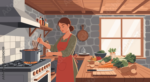 Illustration of a woman cooking in a rustic kitchen preparing a healthy meal