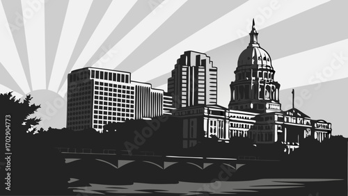 Austin skyline vector art depicts the vibrant cityscape of austin, texas featuring the iconic capitol building. Suitable for travel websites and publications.