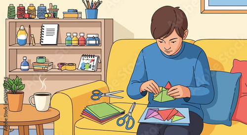 Youngster immersed in paper folding creating origami on yellow couch with craft supplies