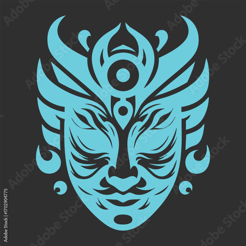 Abstract blue tribal mask design with symmetrical ornamental shapes on a dark background artwork