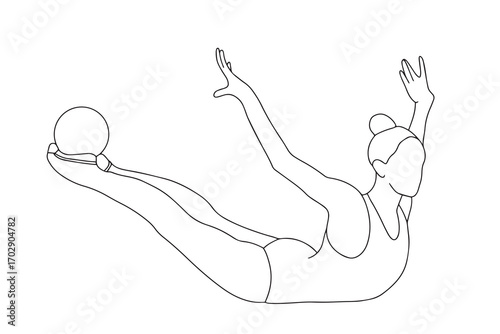 Vector illustration of a rhythmic gymnast with a ball. The gymnast gracefully stretches her legs and arms while holding the ball