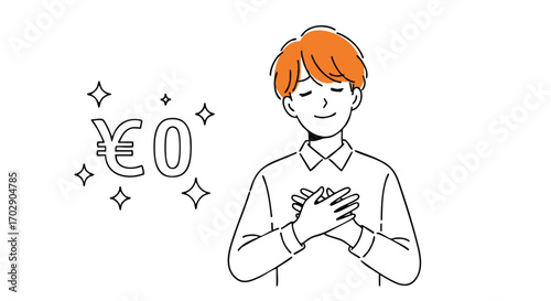 Joyful person embraces zero cost, celebrating financial freedom and savings with sparkling symbols