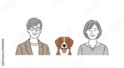 Happy mature couple with cute dog, a charming illustration for family lifestyle concepts