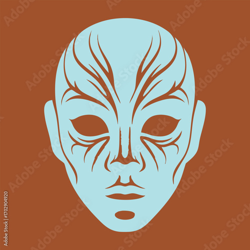 Abstract stylized blue face mask with intricate brown tribal-like patterns on a solid brown background