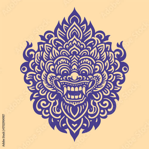 Intricate symmetrical tribal mask barong besign with fierce expression and elaborate ornamental patterns in purple color