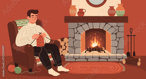 happy young couple sitting on the fireplace