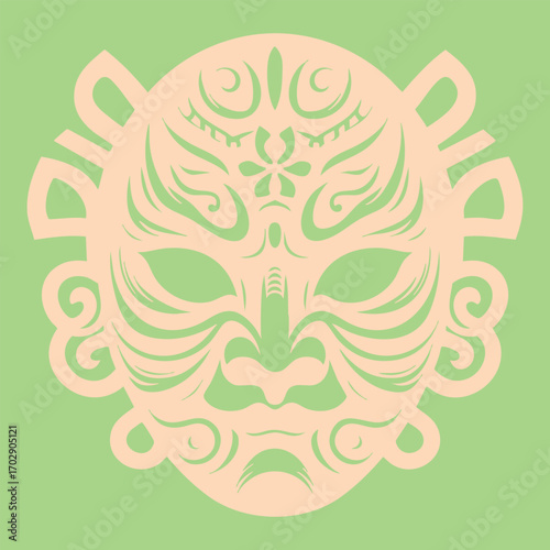 Intricate tribal mask design with symmetrical patterns and ornamental shapes in soft pastel colors on green background