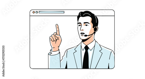 Engaging customer service agent pointing up during virtual meeting in crisp, clean illustrated style