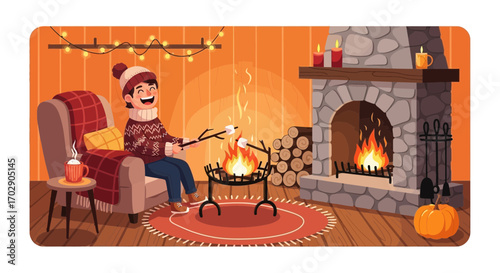 Illustration of a cozy winter scene with a person roasting marshmallows indoors during autumn