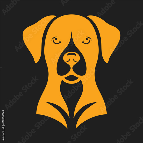 Minimalist orange dog face illustration with black accents on a dark background in a modern style
