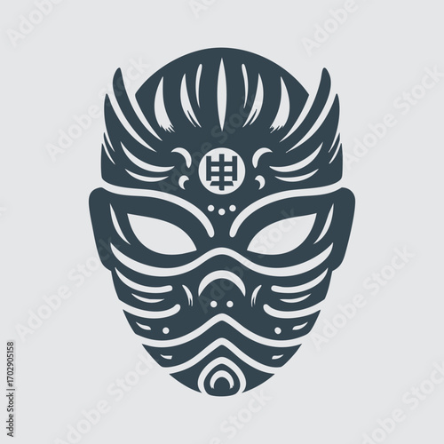 Intricate tribal mask design with symmetrical patterns and bold decorative elements in dark monochrome style