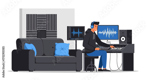 Illustration of a music producer working in his home studio with sound equipment and sofa