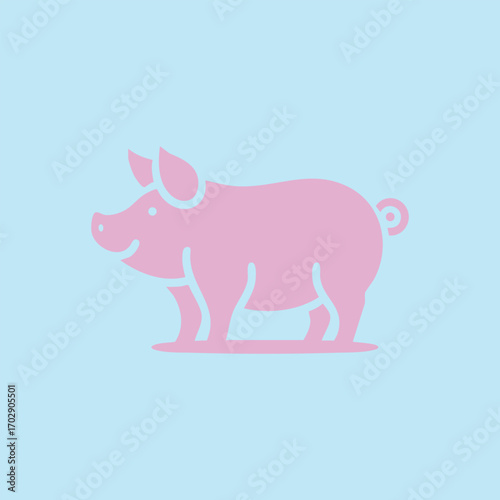 Illustration of a cheerful pink pig standing on a flat with a light blue background in a simple style