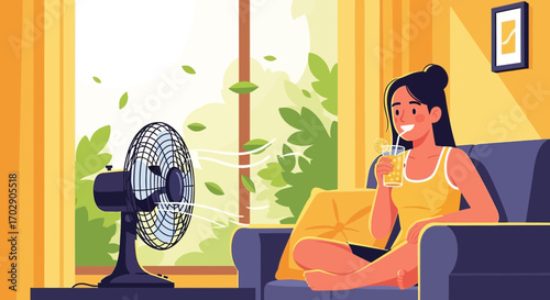 Cartoon illustration of a woman relaxing with a drink and electric fan on a hot summer day