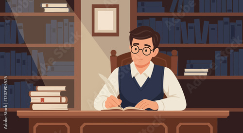 A thoughtful author writing a novel in his study surrounded by books and literary inspiration