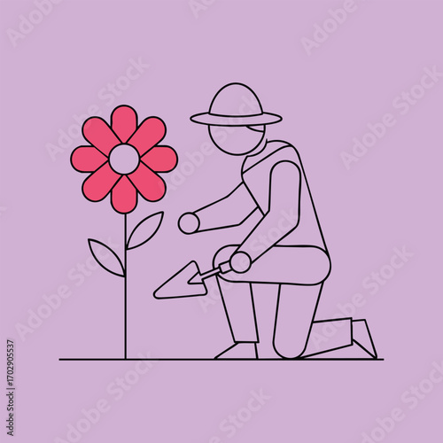 Minimalist line art of a person wearing a hat kneeling and gardening with a trowel near a large red flower on purple background