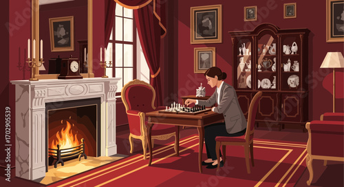 Elegant Woman Playing Chess in a Classic Room with Fireplace and Antique Furniture