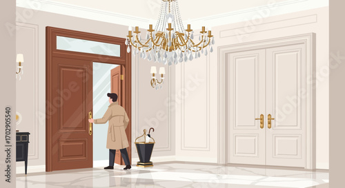 Elegant interior scene featuring a man entering through a grand doorway with chandelier