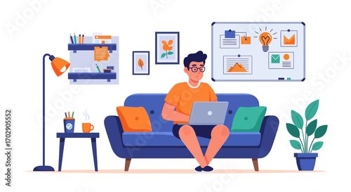 Illustration of a man working remotely on a laptop in a cozy and creative home office environment