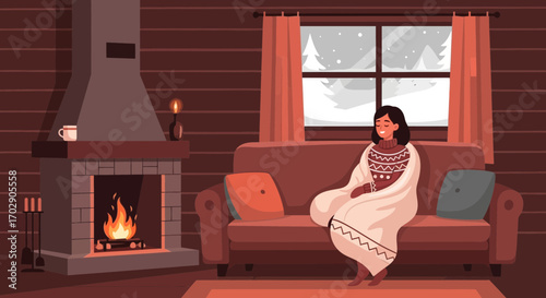 Cozy winter scene of a woman relaxing by a fireplace in a wooden cabin during snowstorm