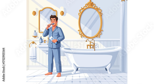 A cartoon man brushes teeth in a classic bathroom setting with decorative mirrors and a clawfoot