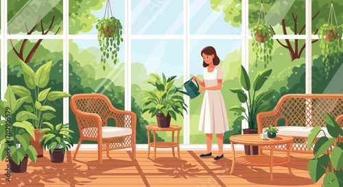 Illustration of a woman watering plants in a sunroom filled with lush greenery and wicker