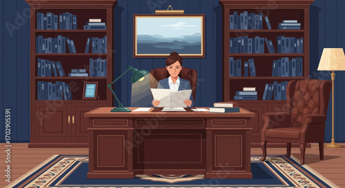 Vector illustration of a woman working in a classic office with bookshelves and antique furniture