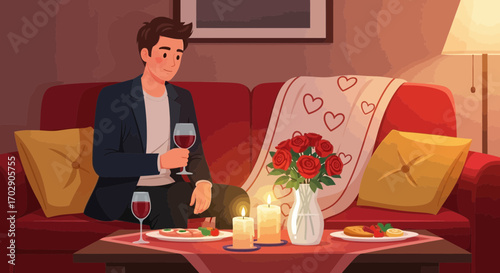 Romantic illustration of a man on a sofa with wine and candles for Valentine's day