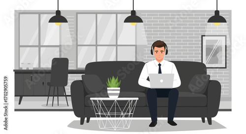 Illustration of a professional working remotely from a stylish living room with laptop