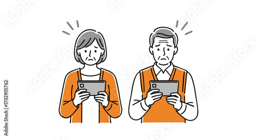 Worried senior couple struggling with digital device, seeking tech support or understanding.