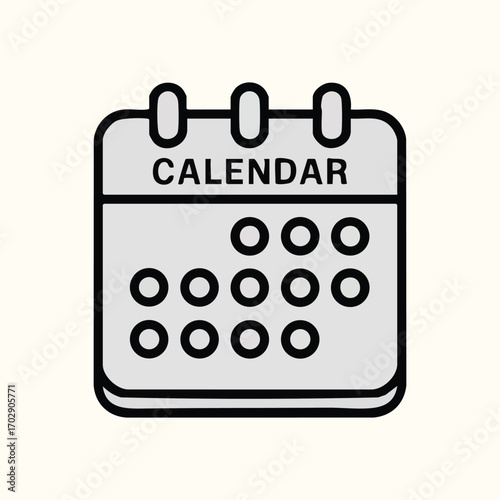 Simple black and white calendar icon with circular date markers and bold text on a light background