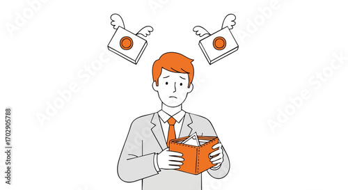 Worried businessman holding empty wallet as money flies away, illustrating financial loss or debt.