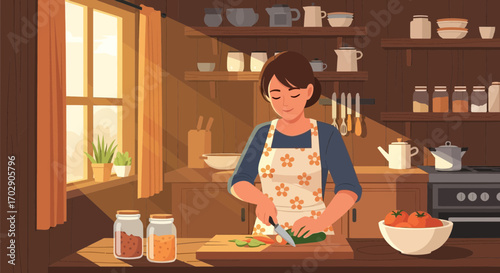 Woman preparing vegetables in a cozy kitchen with warm light streaming through the window
