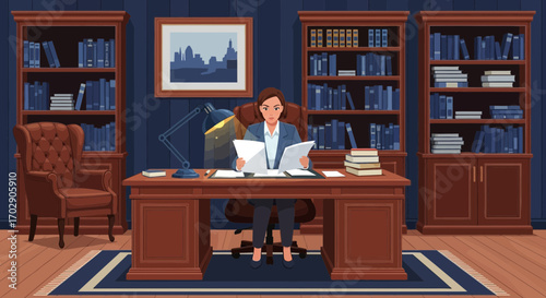Cartoon image of a serious businesswoman working in an office interior with bookshelves