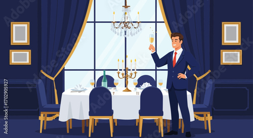 Elegant Illustration of a Man Toasting in a Luxurious Dining Room Setting Art
