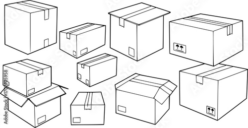 set of cardboard boxes line art, black outline, vector and illustration, coloring book page line art drawing
