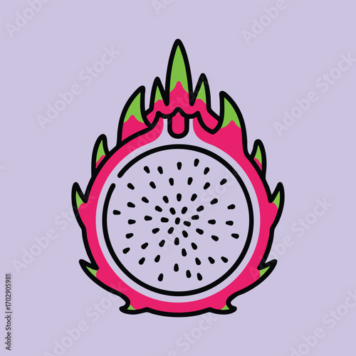 Illustration of a vibrant dragon fruit slice with bright pink skin and green leafy tips on a purple background